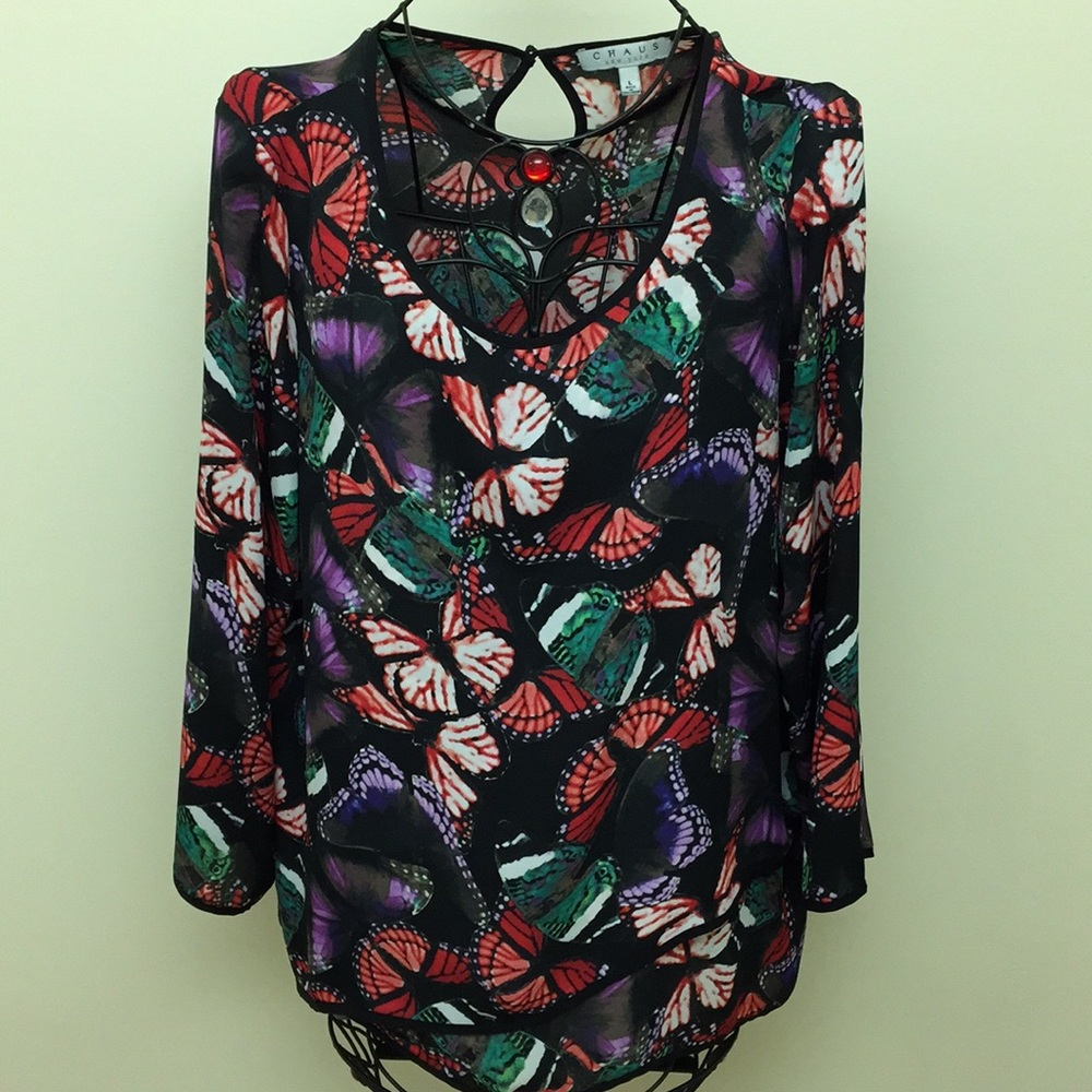 Chaus Sheer Blouse 3/4 Sleeve Butterflies Black Green Red Womens L